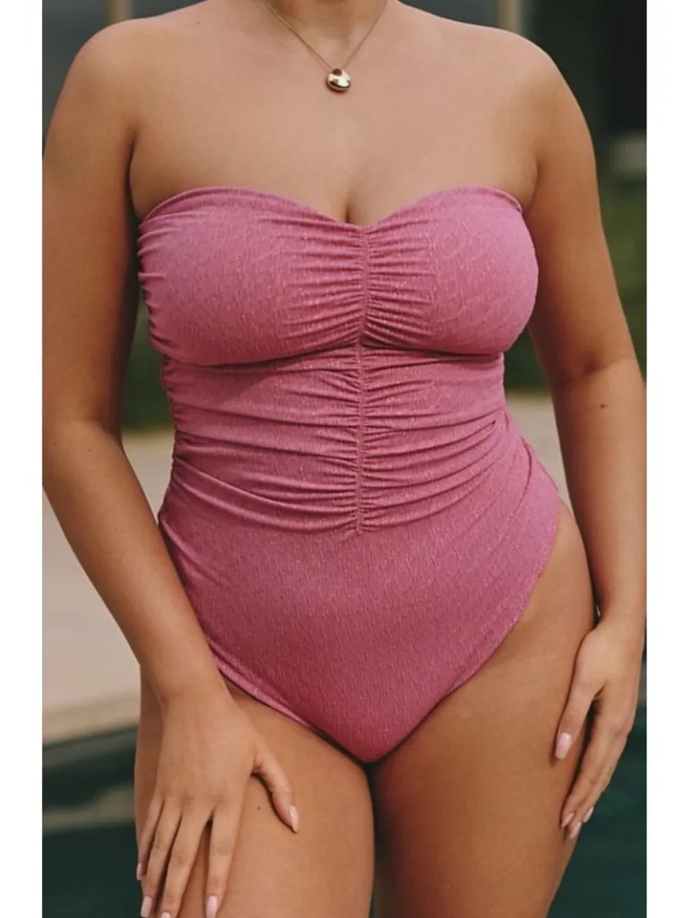 NEW Andie Pana One-Piece Strapless Ruched Pink Sparkly Swimsuit Small Beach